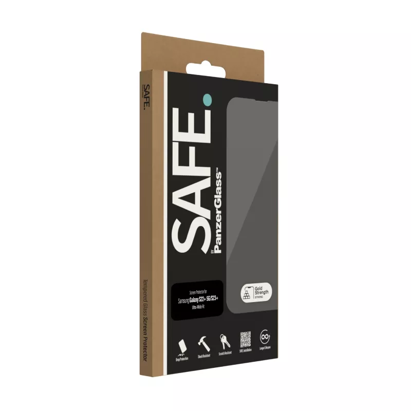 Apsauginis stiklas PanzerGlass SAFE. Samsung Galaxy S22 Plus S23 Plus Ultra-Wide Fit Atsparus įbrėžimams ir smūgiams