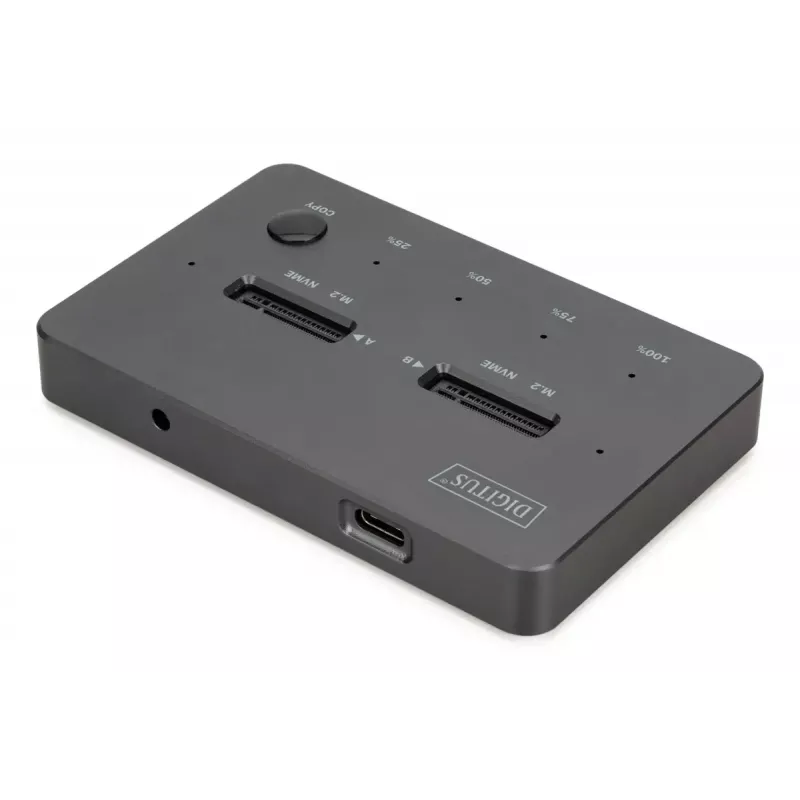 Išorinė NVMe M.2 SSD klonavimo stotelė DIGITUS DA-71545-1, USB 3.1 Gen2 Type-C, palaiko 2 M.2 diskus, juoda
