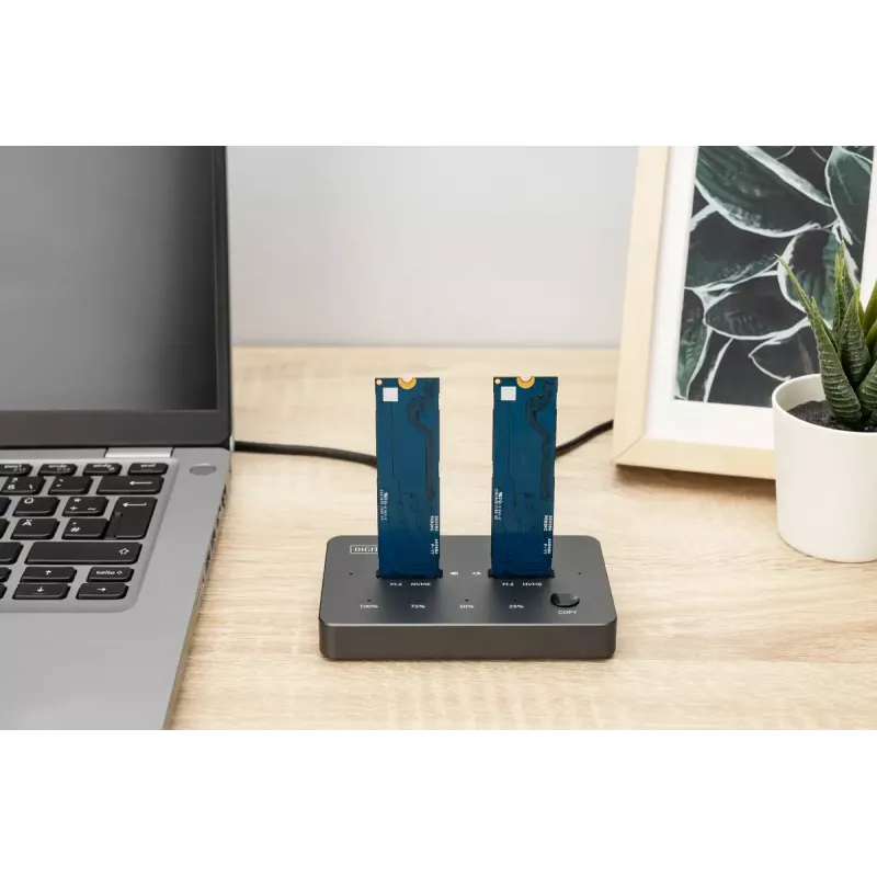 Išorinė NVMe M.2 SSD klonavimo stotelė DIGITUS DA-71545-1, USB 3.1 Gen2 Type-C, palaiko 2 M.2 diskus, juoda