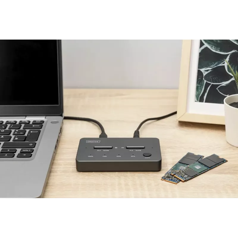 Išorinė NVMe M.2 SSD klonavimo stotelė DIGITUS DA-71545-1, USB 3.1 Gen2 Type-C, palaiko 2 M.2 diskus, juoda