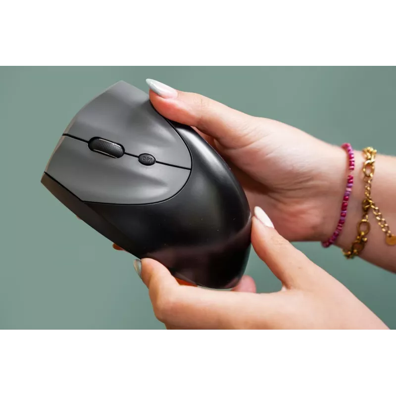 BakkerElkhuizen Handshake Mouse Left, kairiarankiams, vertikalus dizainas, optinis, RF belaidis + Bluetooth + USB Type-C, 6400 DPI, juoda, pilka