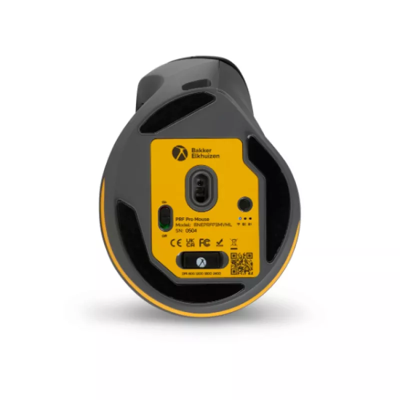 BakkerElkhuizen PRF Pro pelė kairiarankiams, kairė ranka, vertikali konstrukcija, optinė, RF Wireless + Bluetooth + USB Type-C, 2400 DPI, juoda, pilka