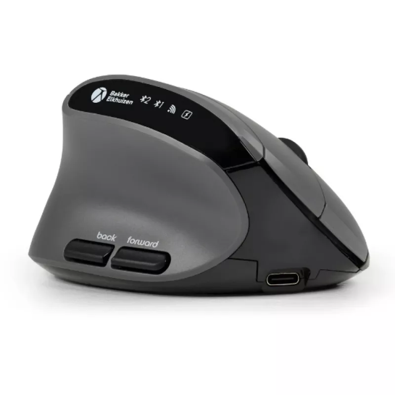 BakkerElkhuizen MidWay pelė kairiarankiams, vertikalaus dizaino, optinė, RF Wireless + Bluetooth + USB Type-C, 2400 DPI, pilka, juoda