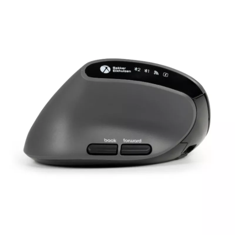 BakkerElkhuizen MidWay pelė kairiarankiams, vertikalaus dizaino, optinė, RF Wireless + Bluetooth + USB Type-C, 2400 DPI, pilka, juoda