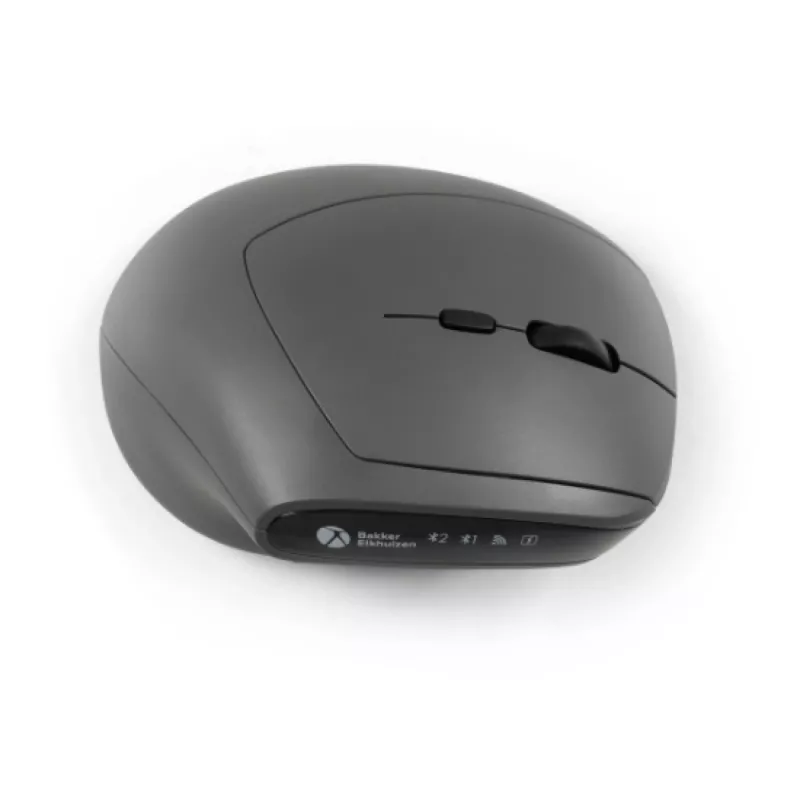 BakkerElkhuizen MidWay pelė kairiarankiams, vertikalaus dizaino, optinė, RF Wireless + Bluetooth + USB Type-C, 2400 DPI, pilka, juoda