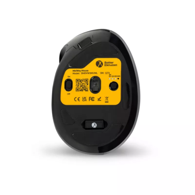 BakkerElkhuizen MidWay pelė kairiarankiams, vertikalaus dizaino, optinė, RF Wireless + Bluetooth + USB Type-C, 2400 DPI, pilka, juoda