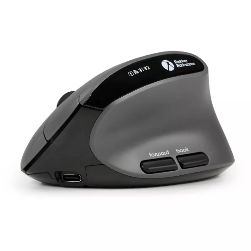 BakkerElkhuizen MidWay pelė dešinei rankai, vertikalaus dizaino, optinė, RF belaidė + Bluetooth + USB Type-C, 2400 DPI, pilka, juoda