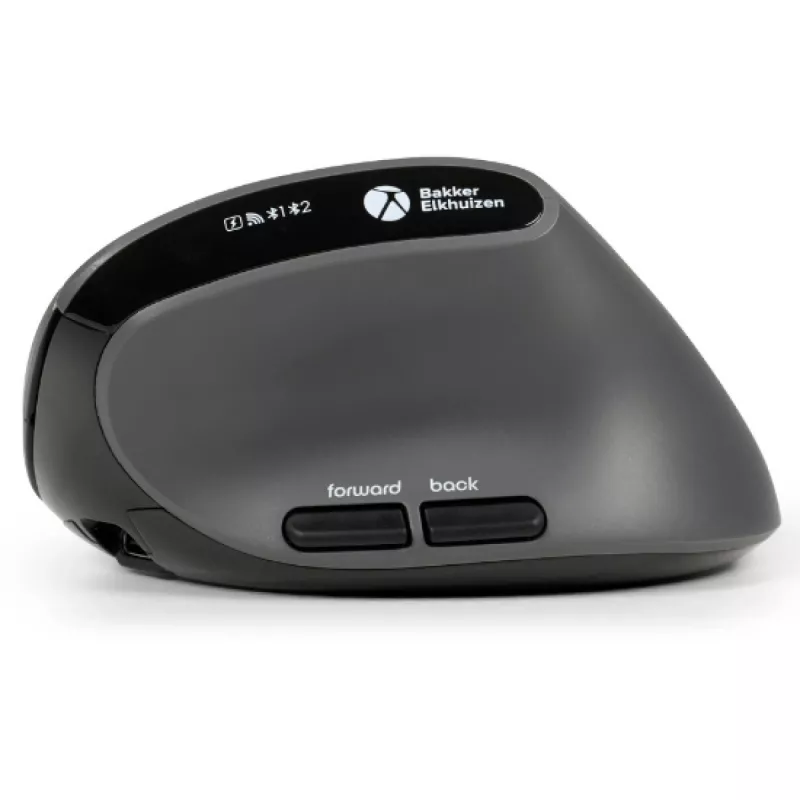 BakkerElkhuizen MidWay pelė dešinei rankai, vertikalaus dizaino, optinė, RF belaidė + Bluetooth + USB Type-C, 2400 DPI, pilka, juoda