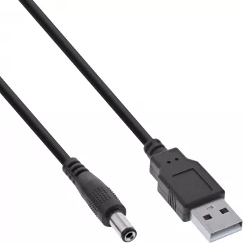 InLine USB nuolatinės srovės maitinimo adapterio laidas, USB A kištukas – nuolatinės srovės 5,5×2,10 mm lizdas, juodas, 1 m