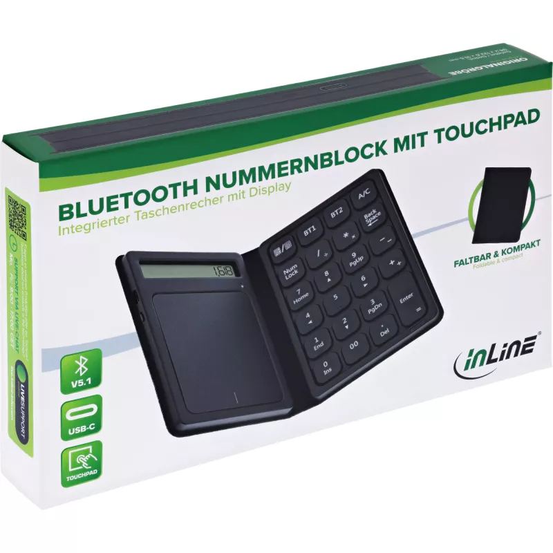 InLine 55379G Bluetooth skaitmeninė klaviatūra su jutikliniu kilimėliu ir ekranu, sulankstoma, juoda