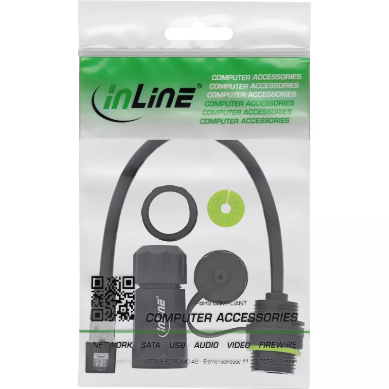 InLine 69927K — lyties keitiklis RJ45 su integruotu 20 cm laidu, Cat.6A, IP68, M20