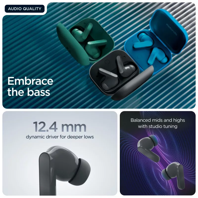 Ausinės MOTOROLA Moto Buds Bass TWS belaidės į ausį skirtos pokalbiams ir muzikai, juodos, 51 g
