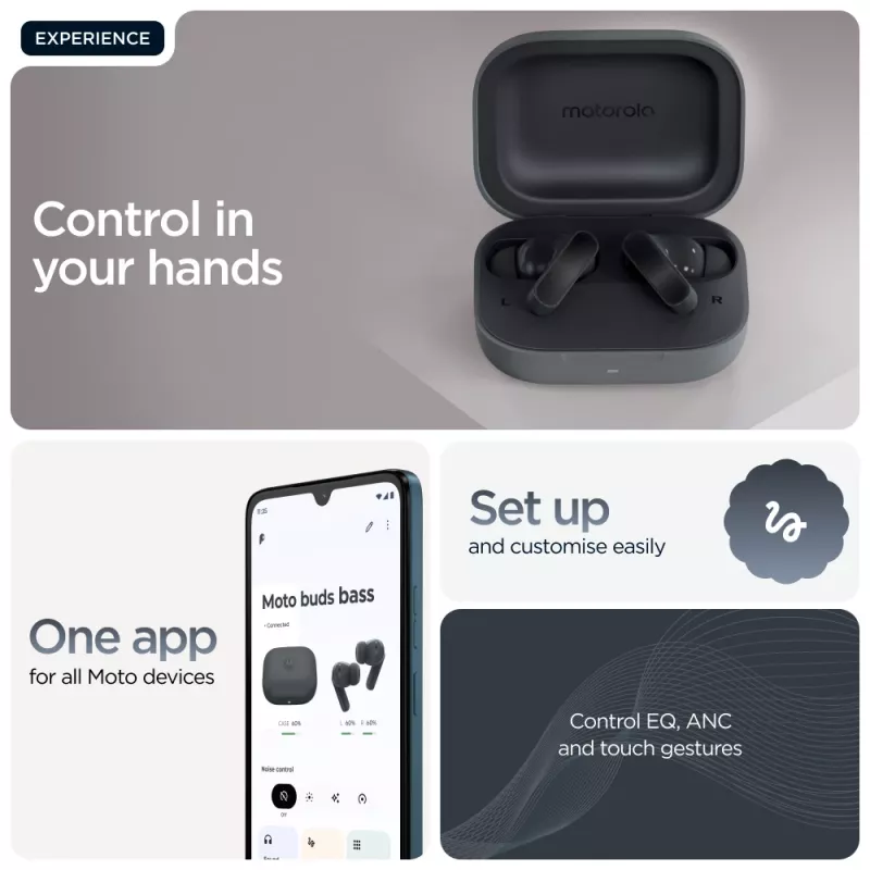 Ausinės MOTOROLA Moto Buds Bass TWS belaidės į ausį skirtos pokalbiams ir muzikai, juodos, 51 g