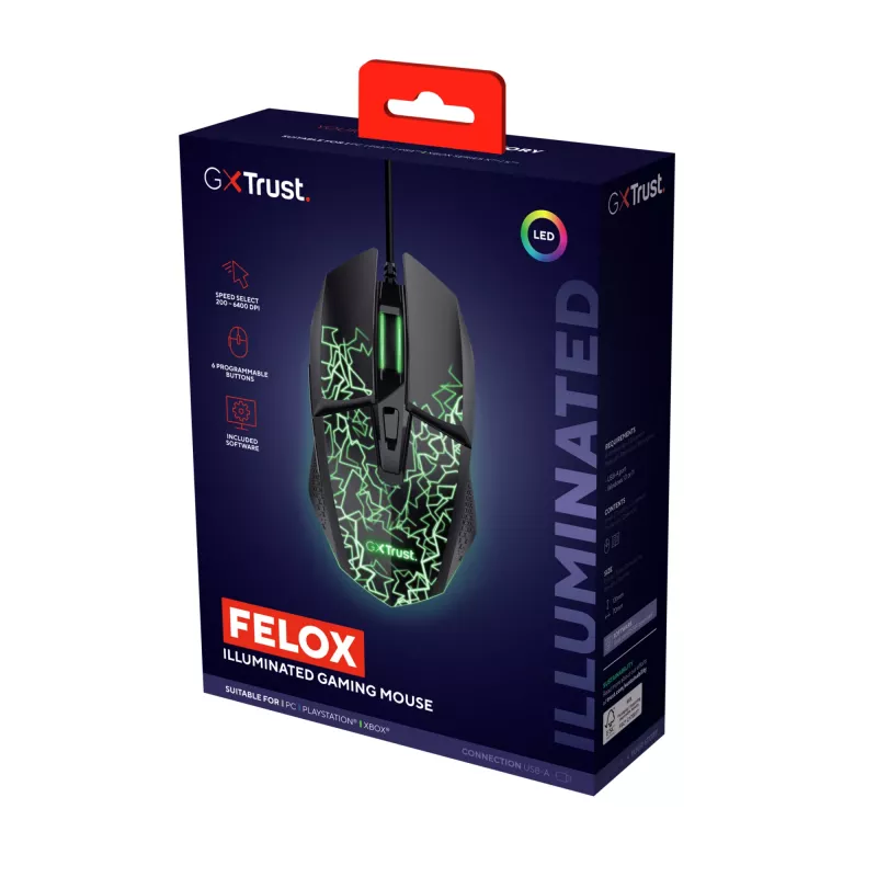 Trust GXT 113 Felox pelė žaidimams Dešininei rankai USB Type-A Optinė 6400 DPI