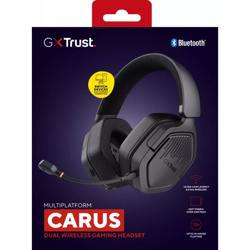 Trust GXT 493 Carus ausinės laidinės ir belaidės, antgalvinės, žaidimams, USB Type-C / USB Type-A, Bluetooth, juodos