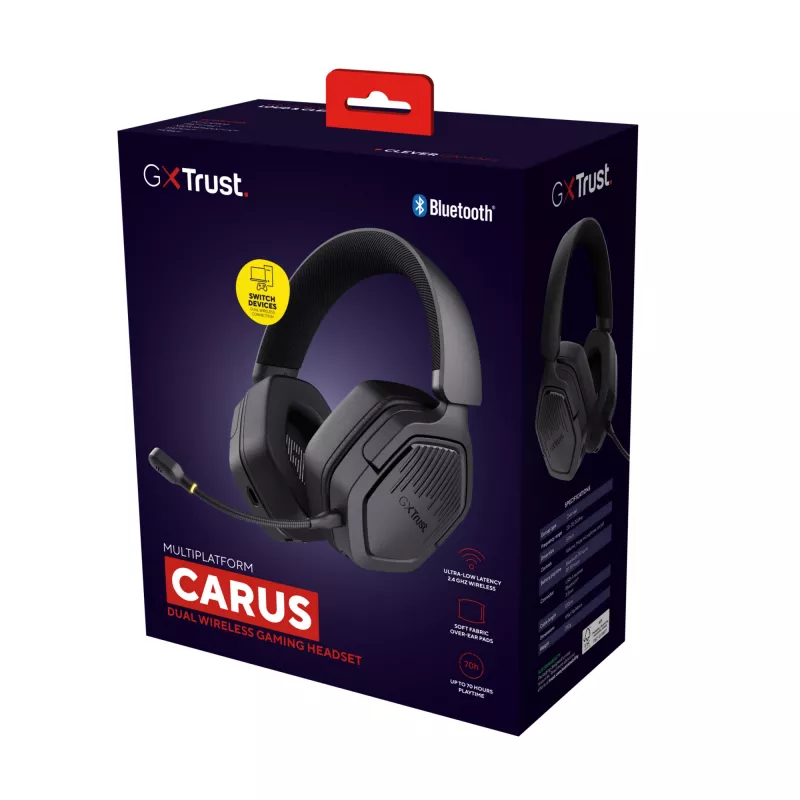 Trust GXT 493 Carus ausinės laidinės ir belaidės, antgalvinės, žaidimams, USB Type-C / USB Type-A, Bluetooth, juodos