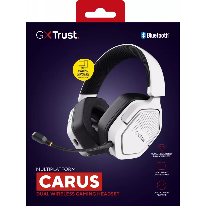Trust GXT 493W Carus ausinės su mikrofonu, belaidės ir laidinės, 50 mm, 20–20 000 Hz, USB-C / USB-A, Bluetooth, baltos