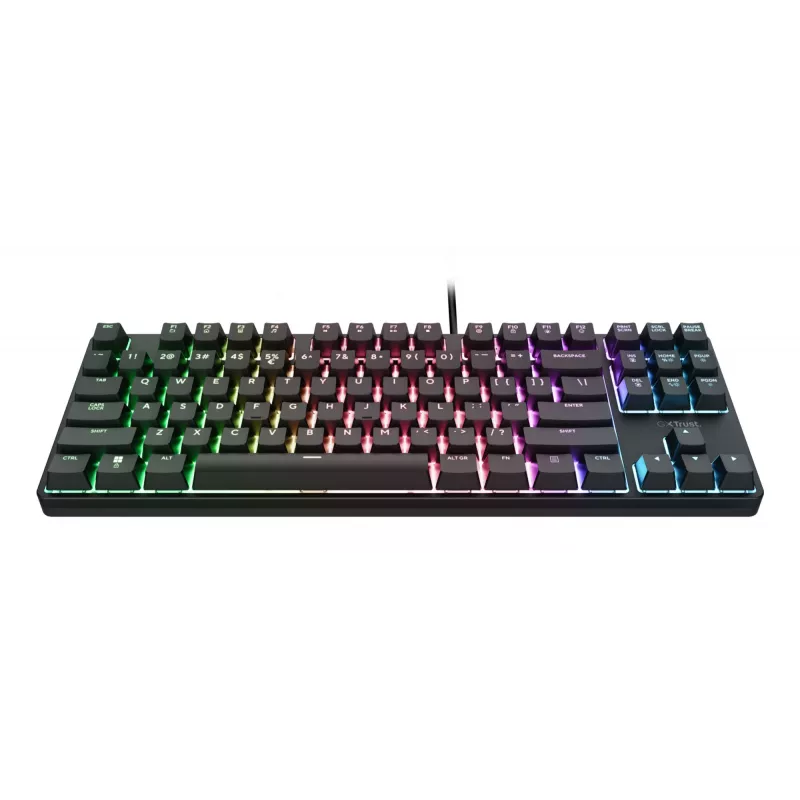 Mechaninė žaidimų klaviatūra TRUST 26135, 80% 87 klavišų, QWERTZ vokiškas išdėstymas, USB laidinė, juoda, 1,8 m laidas