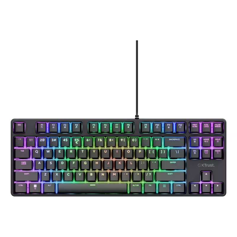 Mechaninė žaidimų klaviatūra TRUST 26135, 80% 87 klavišų, QWERTZ vokiškas išdėstymas, USB laidinė, juoda, 1,8 m laidas