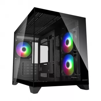 Mini Tower PC korpusas Cougar FV150 ARGB — juodas, palaiko 2x120/140 mm šoninius ventiliatorius, 1x120 mm galinį, HDD 2,5 colio/3,5 colio, 285×435×365 mm