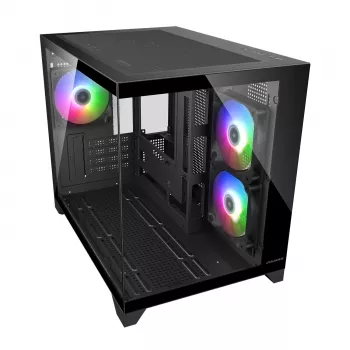 Mini Tower PC korpusas Cougar FV150 ARGB — juodas, palaiko 2x120/140 mm šoninius ventiliatorius, 1x120 mm galinį, HDD 2,5 colio/3,5 colio, 285×435×365 mm