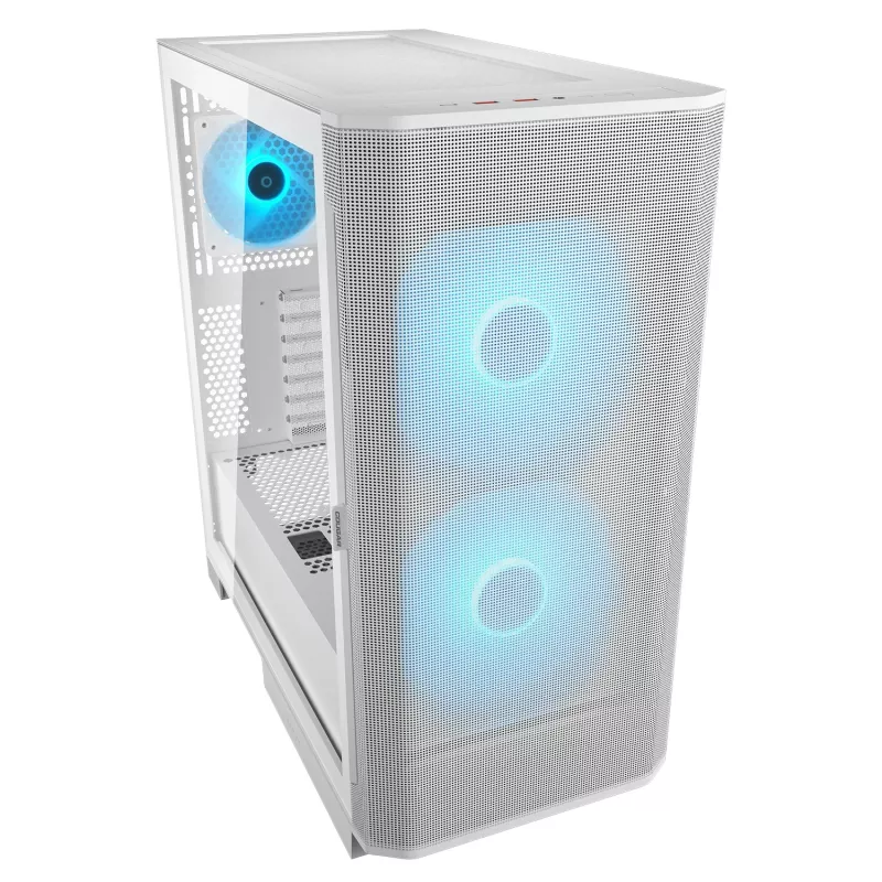 COUGAR Airface FLO ARGB White Midi Tower korpusas — 2x180mm priekyje, 1x120mm gale, 2.5/3.5 colio HDD, 240×480×509 mm