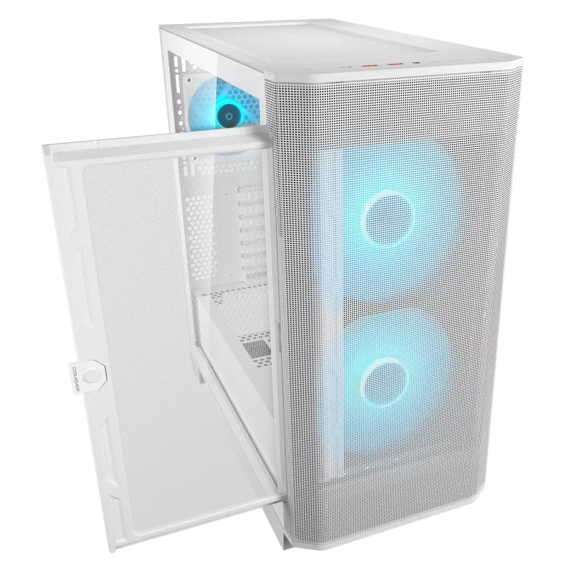 COUGAR Airface FLO ARGB White Midi Tower korpusas — 2x180mm priekyje, 1x120mm gale, 2.5/3.5 colio HDD, 240×480×509 mm