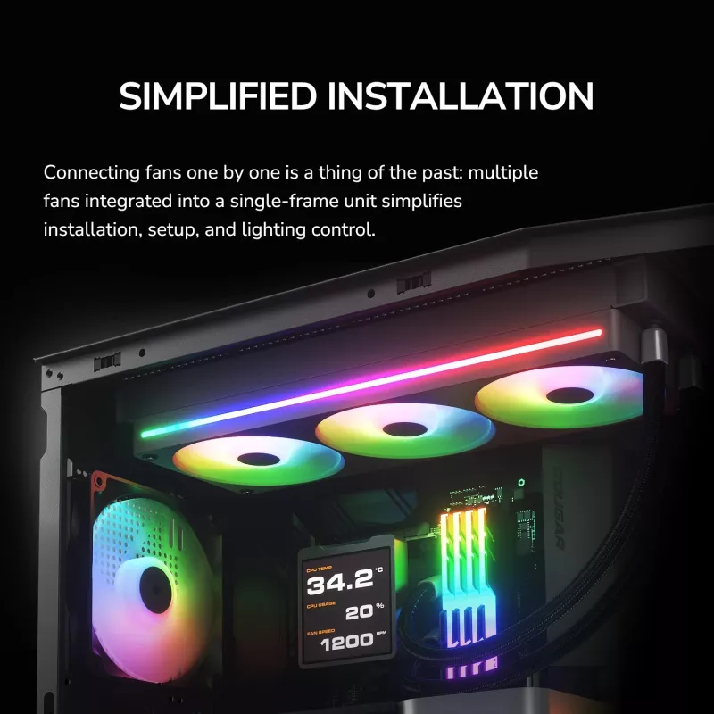 COUGAR Unity240-FB 120mm ARGB PWM priekinis ventiliatorius (vieno rėmo, 700–2500 RPM, FDB, 5,4 mmH2O, baltas)