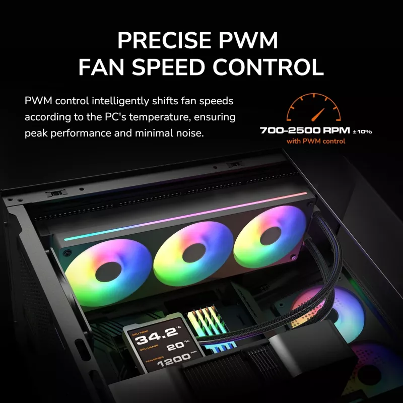 COUGAR Unity240-FB 120mm ARGB PWM priekinis ventiliatorius (vieno rėmo, 700–2500 RPM, FDB, 5,4 mmH2O, baltas)