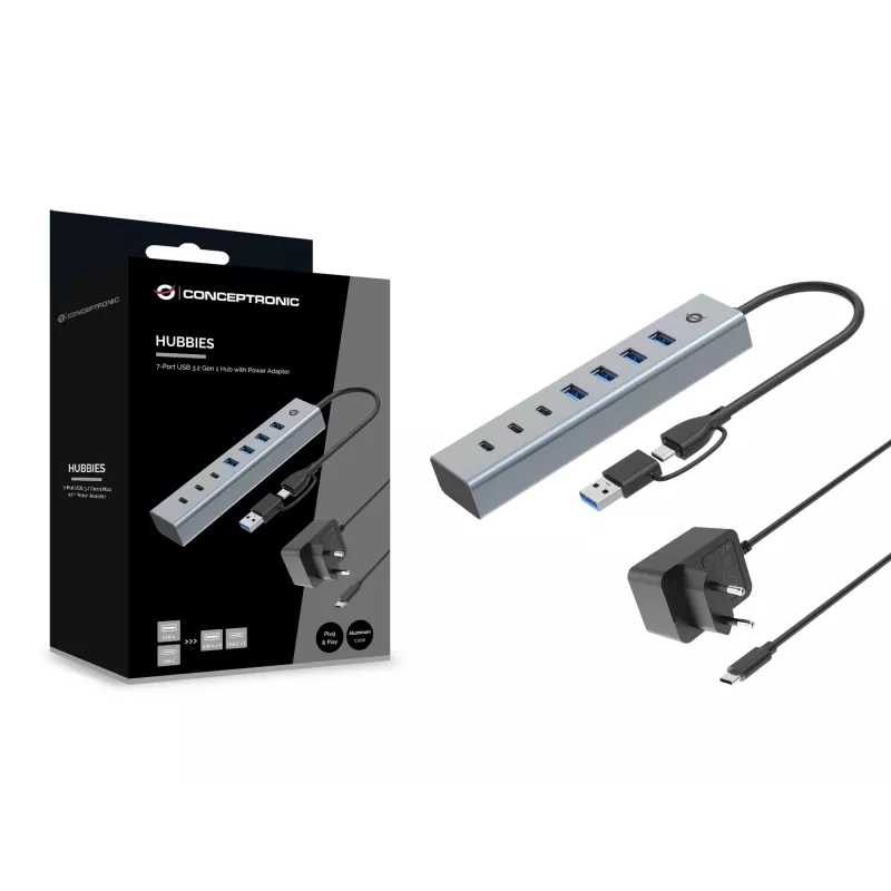 Conceptronic HUBBIES20GP 7-Port USB 3.0 Hub su maitinimo adapteriu, 5Gbps, USB-C x 3, USB-A x 4