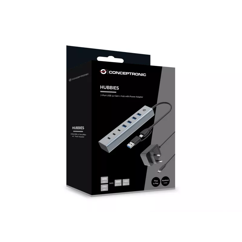 Conceptronic HUBBIES20GP 7-Port USB 3.0 Hub su maitinimo adapteriu, 5Gbps, USB-C x 3, USB-A x 4