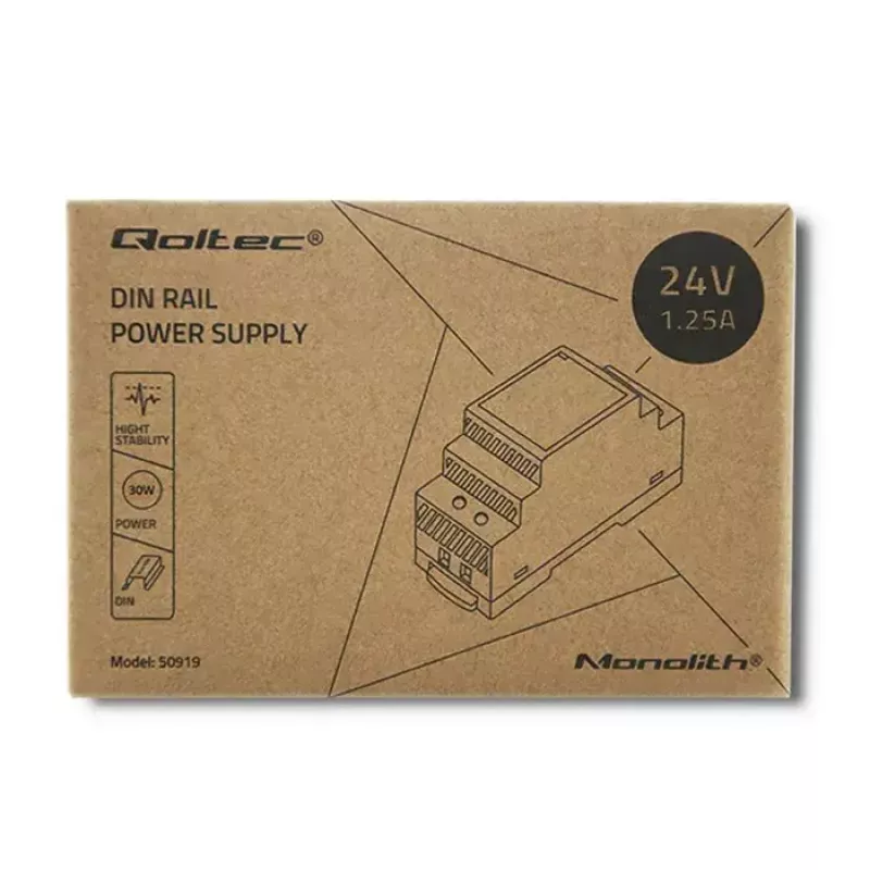 DIN bėgio maitinimo šaltinis QOLTEC 30W 24V 1,25A pilkas