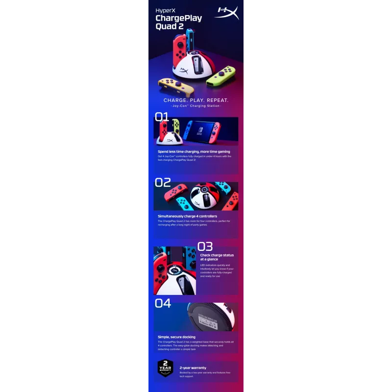 HyperX ChargePlay Quad 2 – Įkrovimo stotelė 4 žaidimų pultams