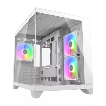 Mini Tower PC korpusas Cougar FV150 ARGB White — Micro-ATX / Mini-ITX, šoninis langas, 2x120mm + 1x120mm ventiliatoriai, 2,5 colio ir 3,5 colio vietos