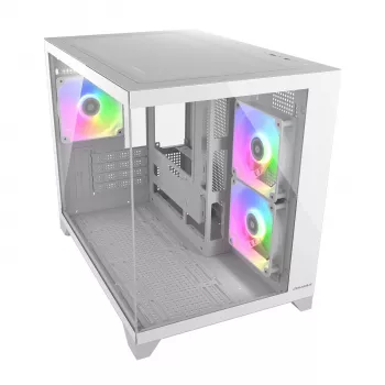 Mini Tower PC korpusas Cougar FV150 ARGB White — Micro-ATX / Mini-ITX, šoninis langas, 2x120mm + 1x120mm ventiliatoriai, 2,5 colio ir 3,5 colio vietos