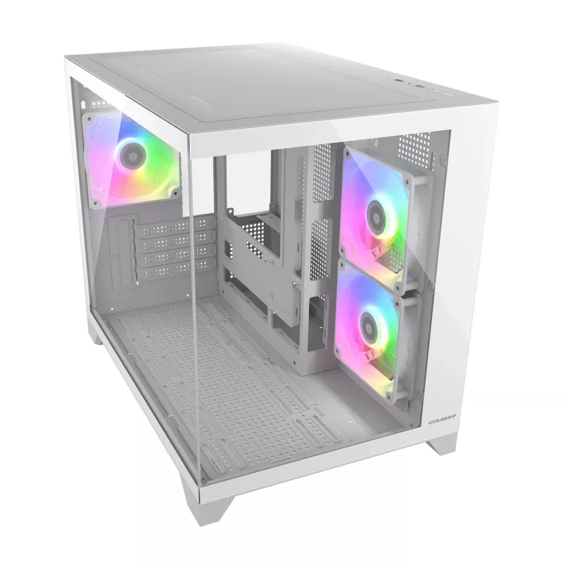 Mini Tower PC korpusas Cougar FV150 ARGB White — Micro-ATX / Mini-ITX, šoninis langas, 2x120mm + 1x120mm ventiliatoriai, 2,5 colio ir 3,5 colio vietos