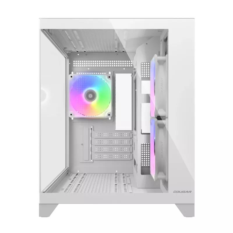 Mini Tower PC korpusas Cougar FV150 ARGB White — Micro-ATX / Mini-ITX, šoninis langas, 2x120mm + 1x120mm ventiliatoriai, 2,5 colio ir 3,5 colio vietos