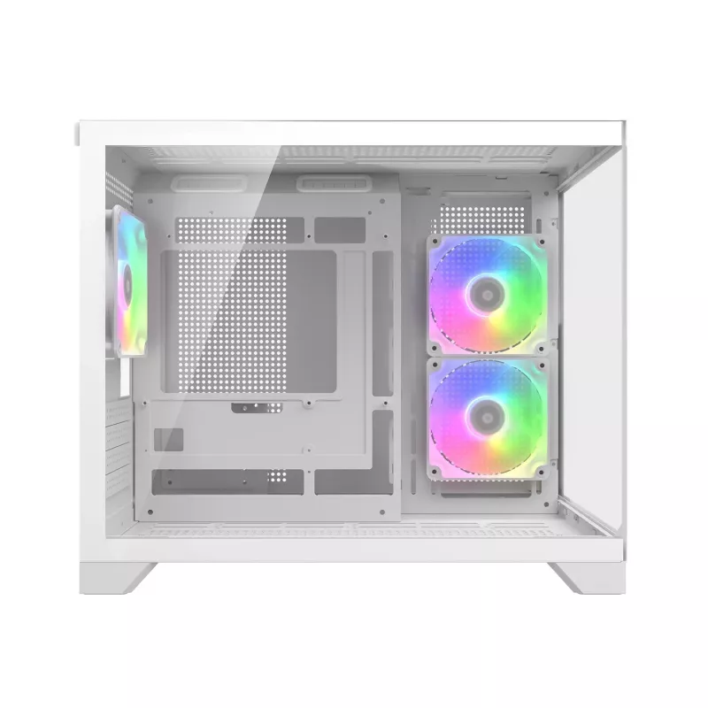 Mini Tower PC korpusas Cougar FV150 ARGB White — Micro-ATX / Mini-ITX, šoninis langas, 2x120mm + 1x120mm ventiliatoriai, 2,5 colio ir 3,5 colio vietos