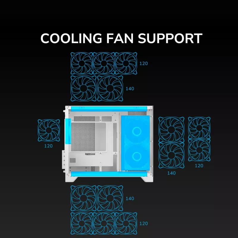 Mini Tower PC korpusas Cougar FV150 ARGB White — Micro-ATX / Mini-ITX, šoninis langas, 2x120mm + 1x120mm ventiliatoriai, 2,5 colio ir 3,5 colio vietos