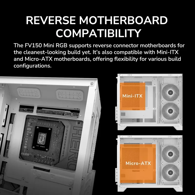 Mini Tower PC korpusas Cougar FV150 ARGB White — Micro-ATX / Mini-ITX, šoninis langas, 2x120mm + 1x120mm ventiliatoriai, 2,5 colio ir 3,5 colio vietos