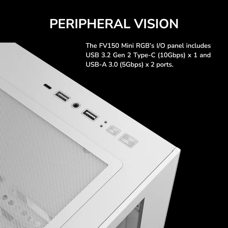 Mini Tower PC korpusas Cougar FV150 ARGB White — Micro-ATX / Mini-ITX, šoninis langas, 2x120mm + 1x120mm ventiliatoriai, 2,5 colio ir 3,5 colio vietos