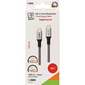 USB laidas 2GO 797512 USB 3.2 Gen 2 1,2 m USB-C juodas sidabrinis