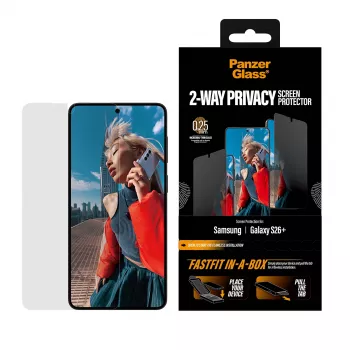 Apsauginė plėvelė PanzerGlass 2-Way Privacy, skirta Samsung New Galaxy S 2026 Plus — itin plati PET su FASTFIT sistema