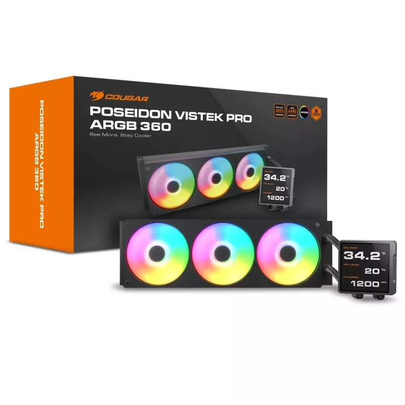 All-in-one CPU skysčio aušintuvas Cougar Poseidon Vistek Pro 360, ARGB, 120 mm ventiliatoriai, juodas, kelių lizdų palaikymas