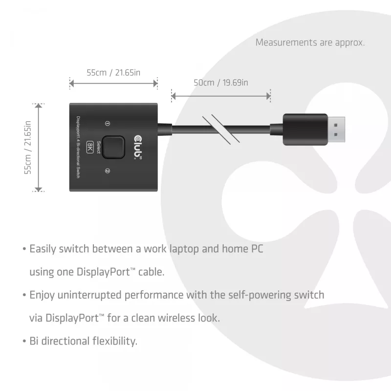 CLUB3D CSV-1009 dvipusis DisplayPort 2 į 1 jungiklis – 2x DisplayPort išėjimai, 8K@60Hz, juodas