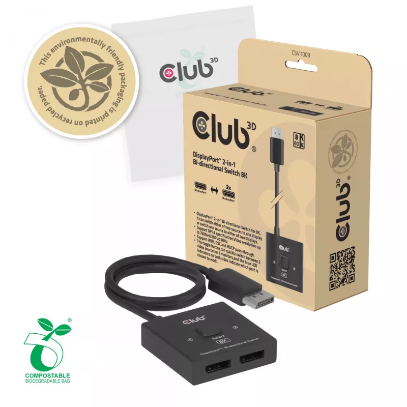CLUB3D CSV-1009 dvipusis DisplayPort 2 į 1 jungiklis – 2x DisplayPort išėjimai, 8K@60Hz, juodas