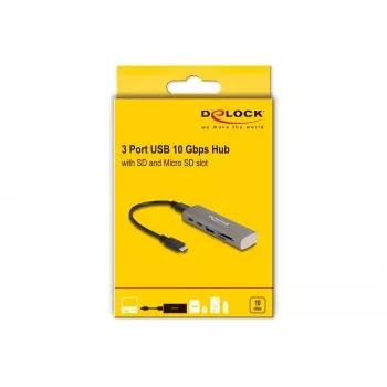 DeLOCK 3 prievadų USB 3.2 Gen 1 10 Gbps šakotuvas su SD/Micro SD kortelių skaitytuvu, Type-C