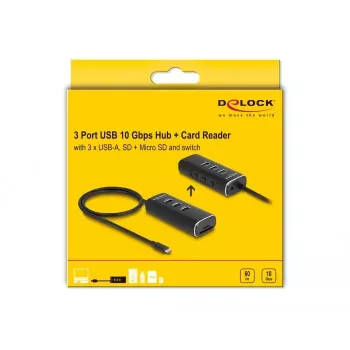 DeLOCK 3 prievadų USB 10 Gbps šakotuvas su SD/Micro SD kortelių skaitytuvu, USB-C 60 cm laidas