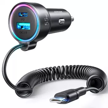 Automobilinis kroviklis Joyroom JR-CL07 3-in-1 60W su integruotu USB-C kabeliu 1,6 m, juodas