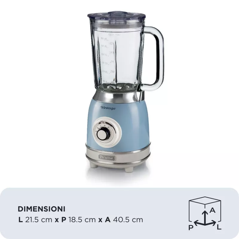Ariete 583, Retro maišytuvas su 1,5 l stikline taure, 4 nerūdijančio plieno peiliai, 4 greičiai + impulsas, 1000 W, mėlynas